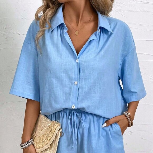 Blue Casual Women's Vacation Solid Color Drop-Shoulder Shirt And Shorts Set - Picture 5 of 7